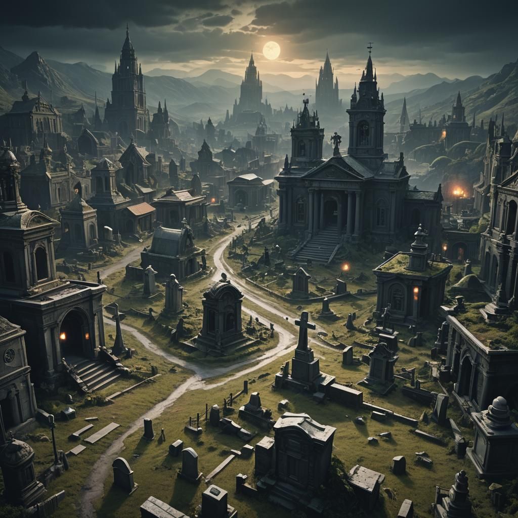 Eerie Graveyard Scene in Digital Matte Painting Style