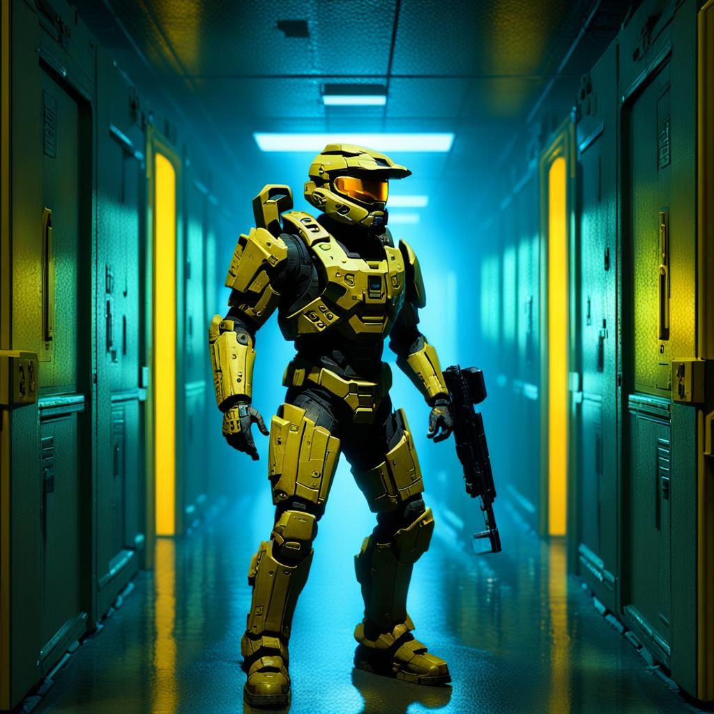 Master Chief in Eerie Backrooms Corridor, Matte Painting