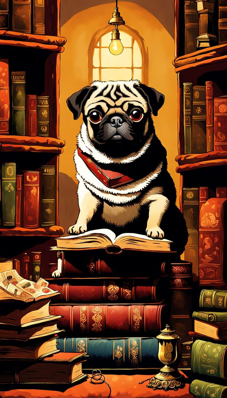 Pug Surrounded by Classic Books in a Cozy Library