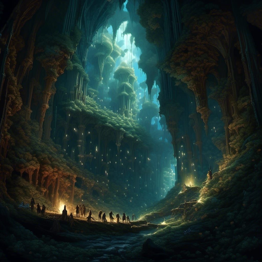 Epic Faery Realm Landscape with Winged Fairy Creatures in Gl...