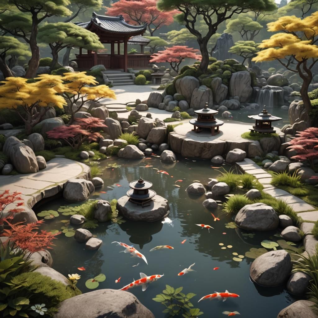 A luxurious scene capturing an opulent Oriental Zen garden w...