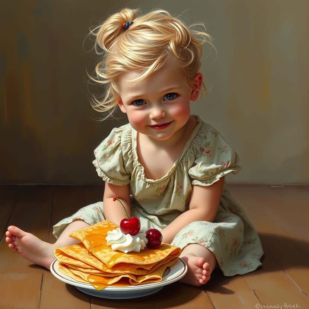 Blonde Girl in Whimsical Summer Afternoon Scene, in Oil Pain...