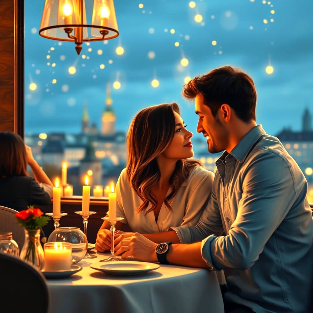 Young Couple in Impasto Style Restaurant Scene