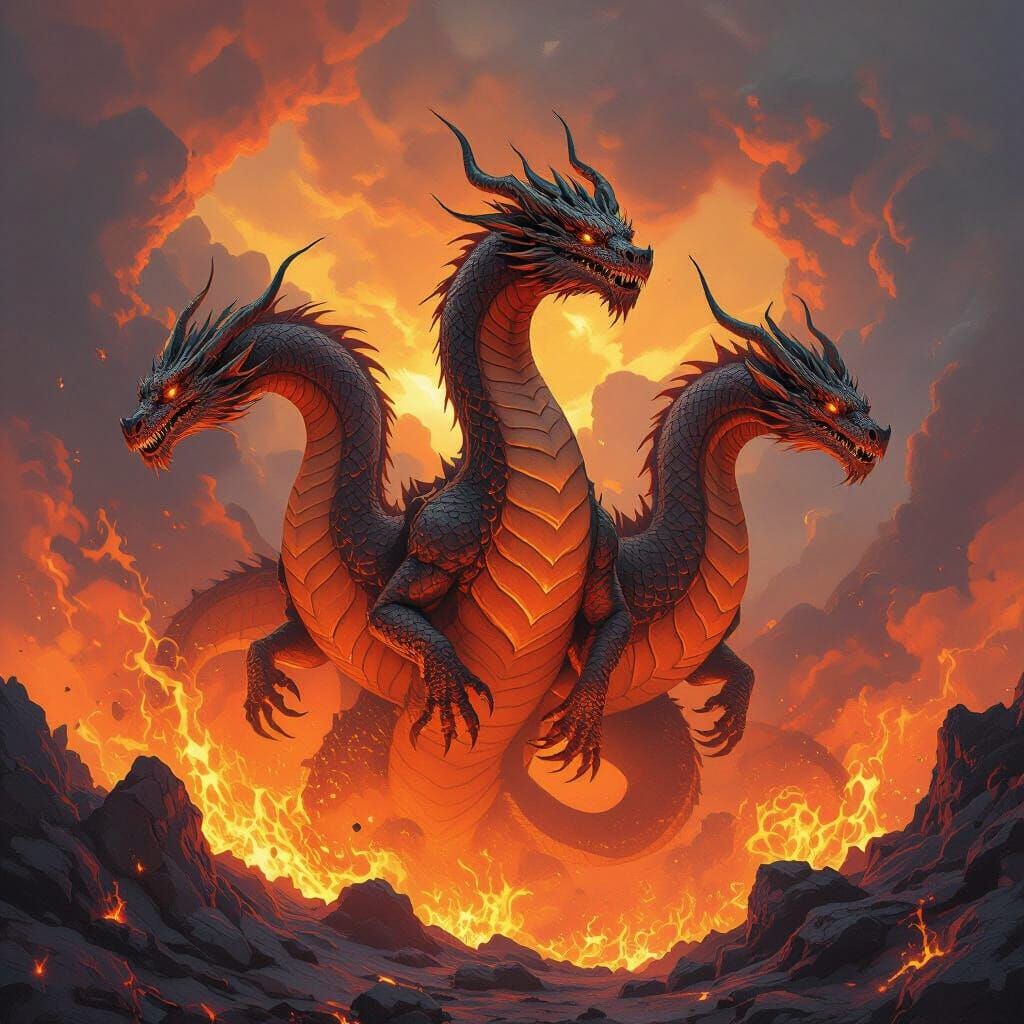 Three-Headed Dragon Soaring Through Fiery Volcano
