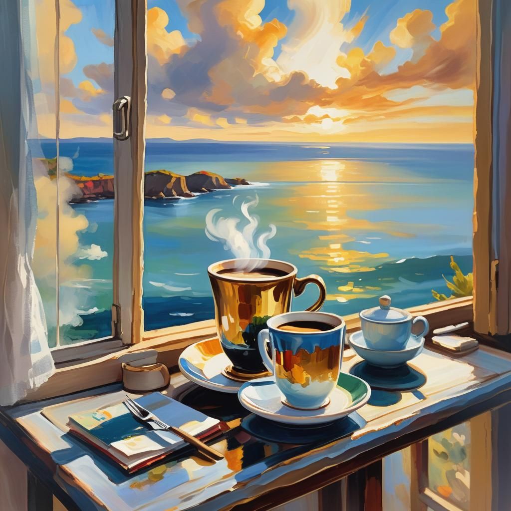 Coffee with Seascape View in Gouache Style