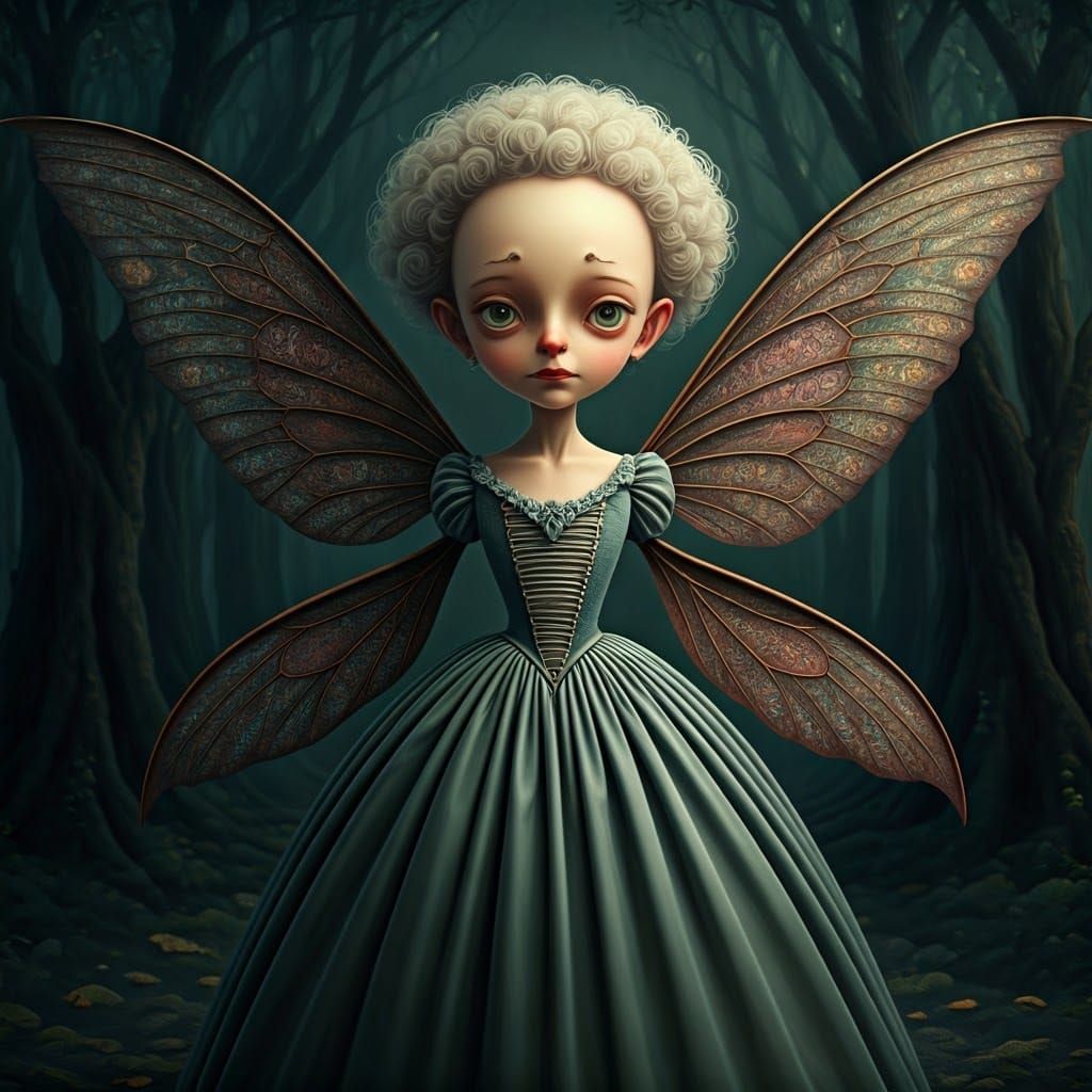 Cartoon Fairy with Patchwork Wings in Surreal Woods