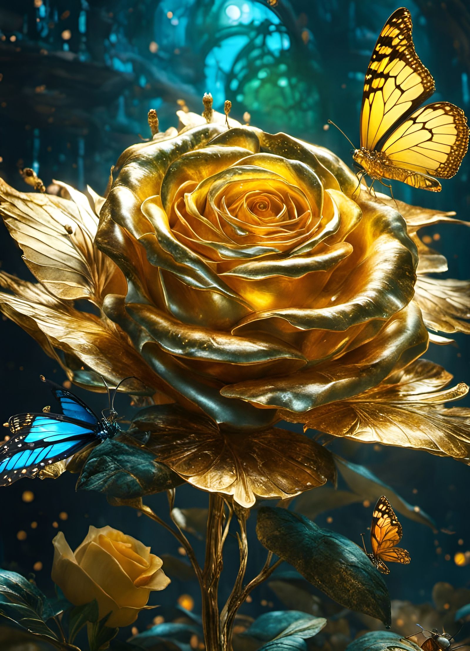 Golden Butterfly in Glowing Rose, Fantasycore Art