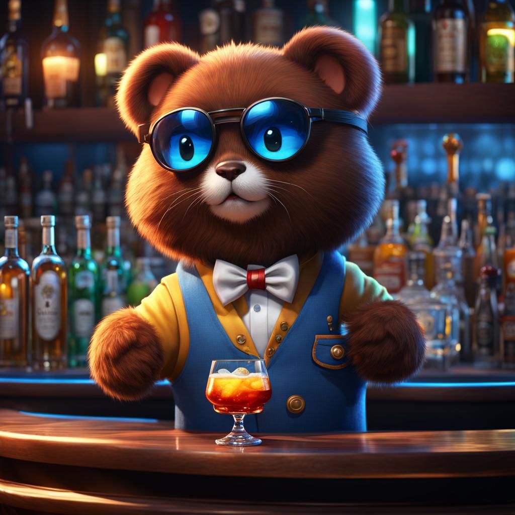 Cute Fuzzy Bartender in Kawaii Style, Detailed Digital Art