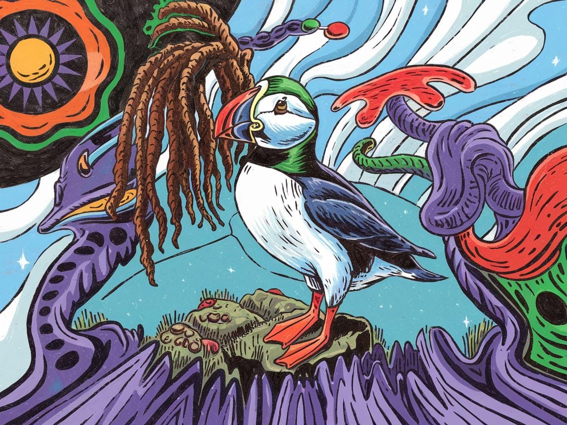 Psychedelic Rastafarian Puffin Art