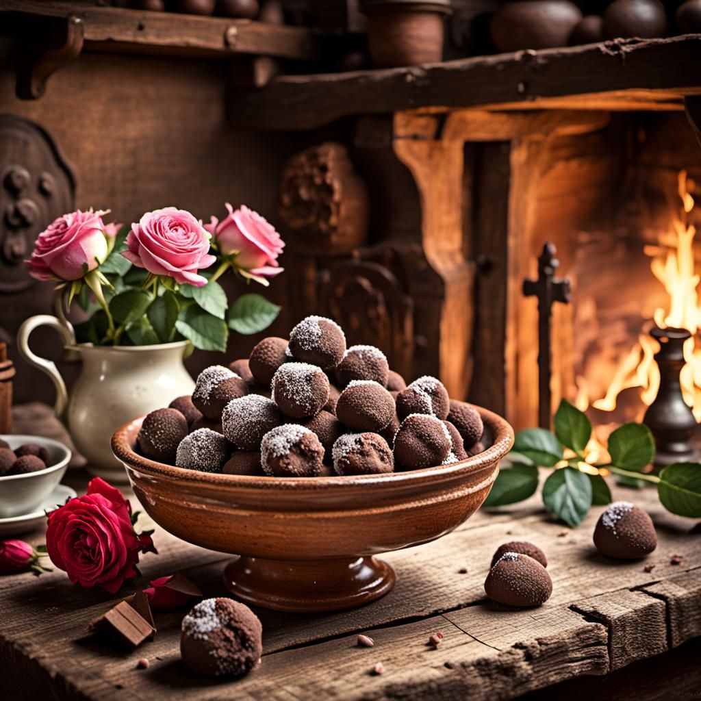 Chocolate Truffles in Italian Cottage Kitchen: Digital Matte...