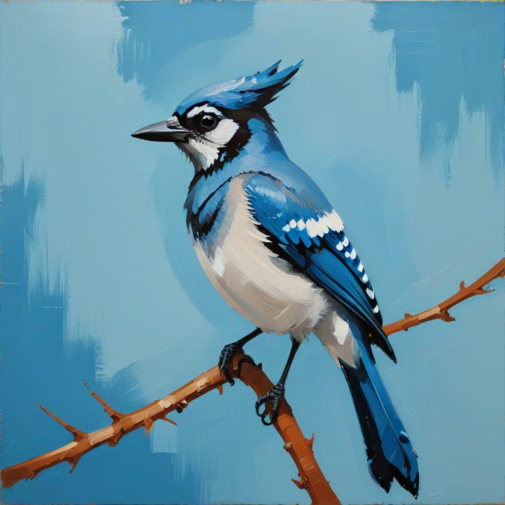 Vibrant Blue Jay in Abstract Oil Painting