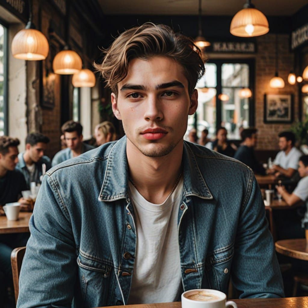 Aesthetic Grunge Portrait of a Young Man at a Cafe