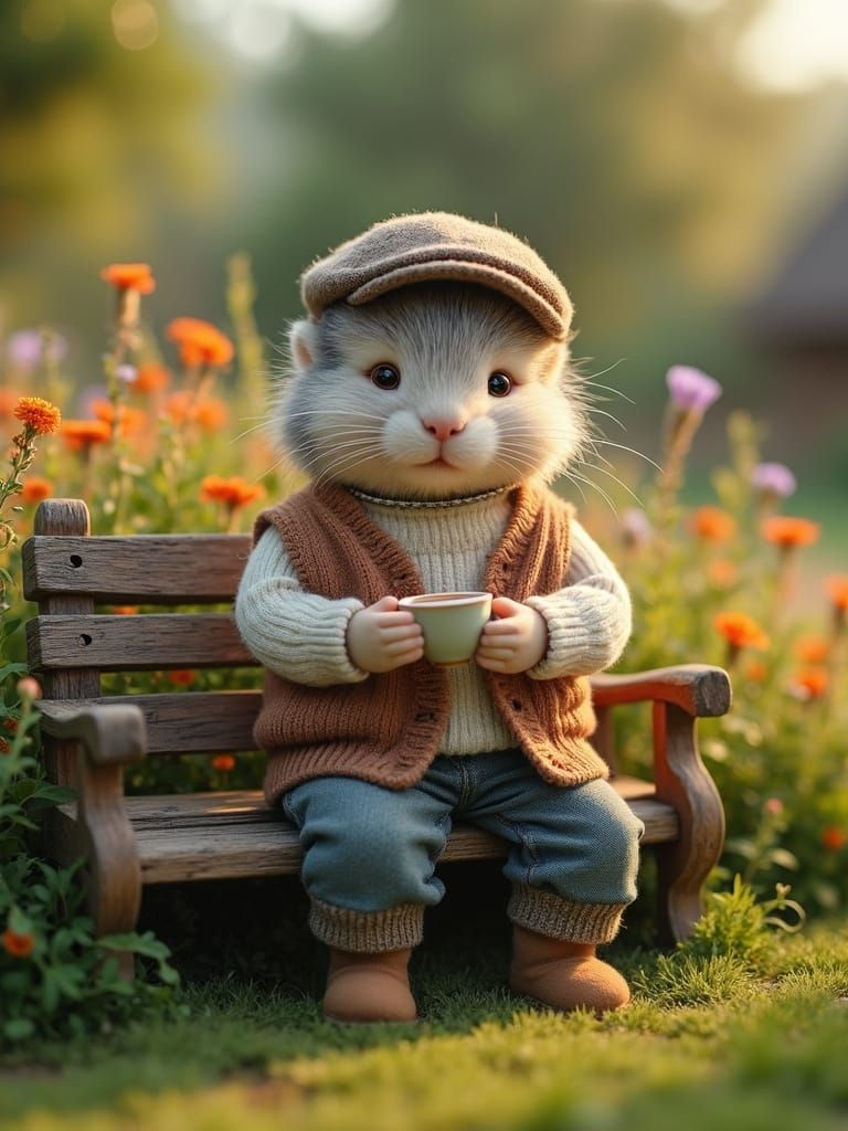 Elderly Gentleman Enjoys Tea in Whimsical Garden Setting