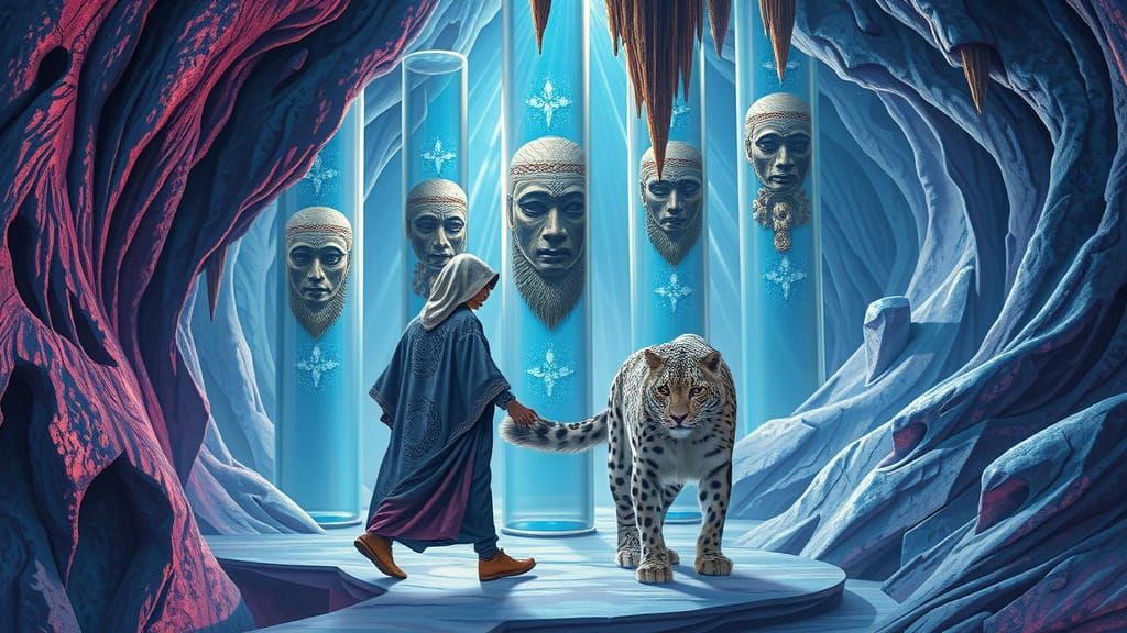 Mystical Alien Walks Beside Snow Leopard in Iridescent Cave