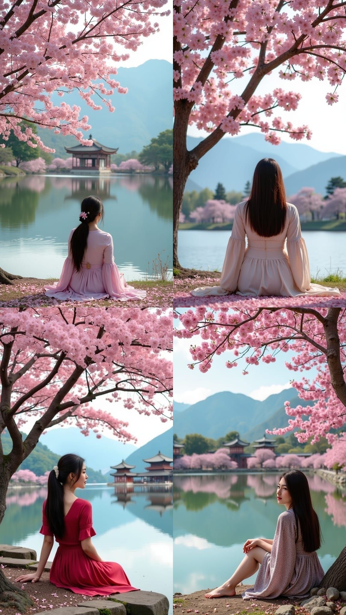 Woman Under Sakura Tree with Temples