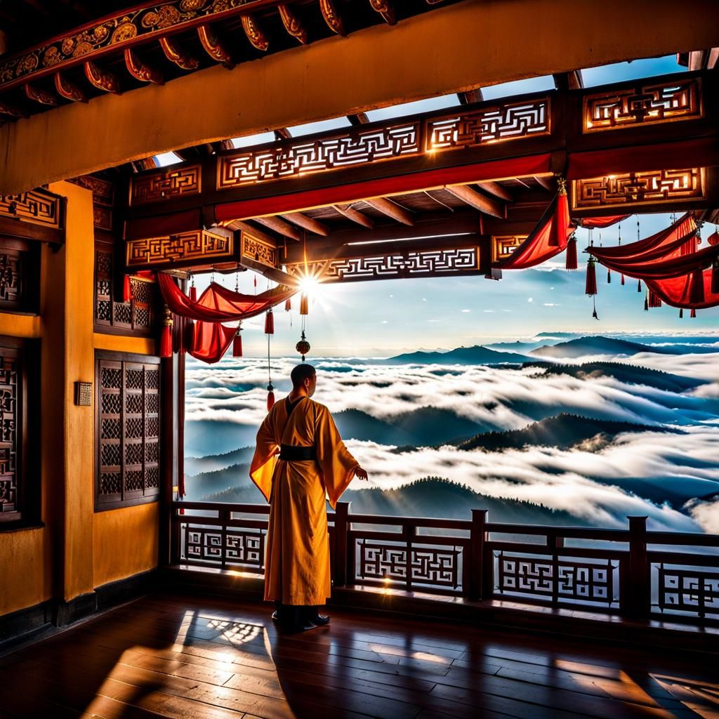 A Taoist monastery in the clouds of eternity with anatomical...