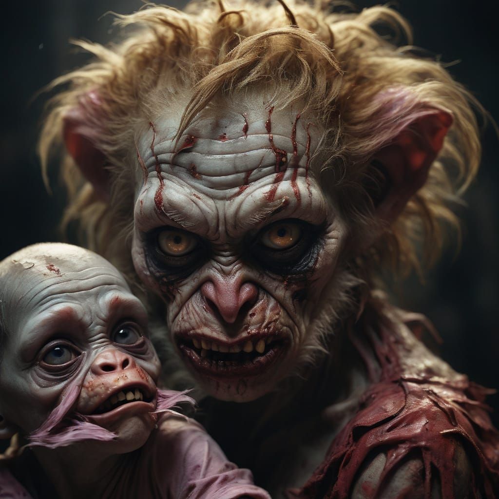 Grotesque Zombie Monkey Monster Clown Female in Disgust, Hol...