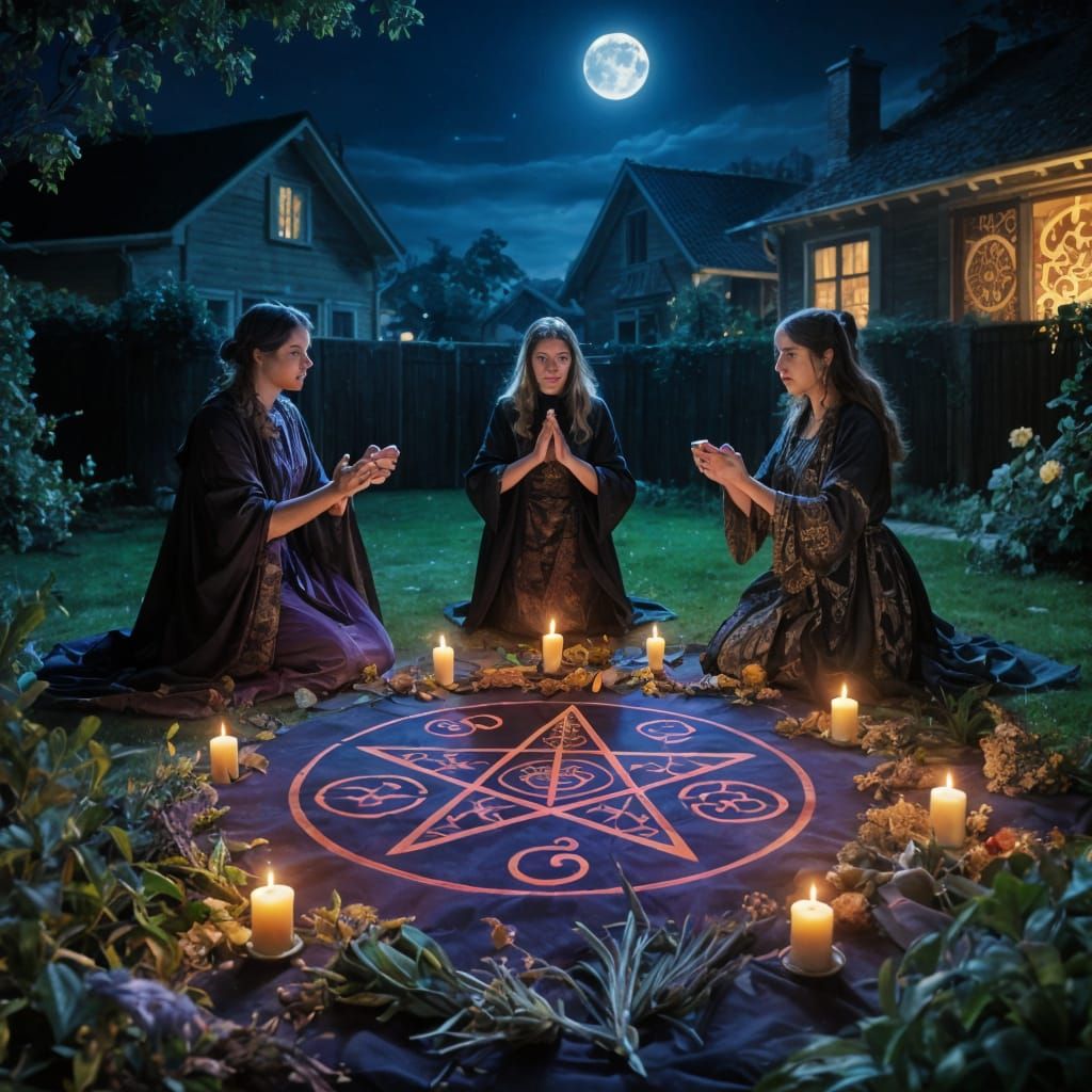 Suburban Coven Gathering with Esoteric Symbols
