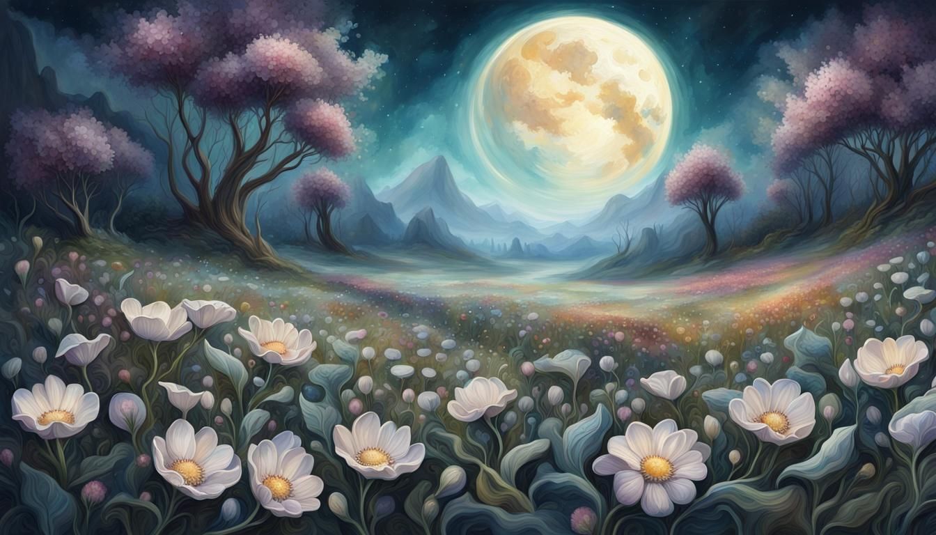 Fantasy Moon Flower Field Painting