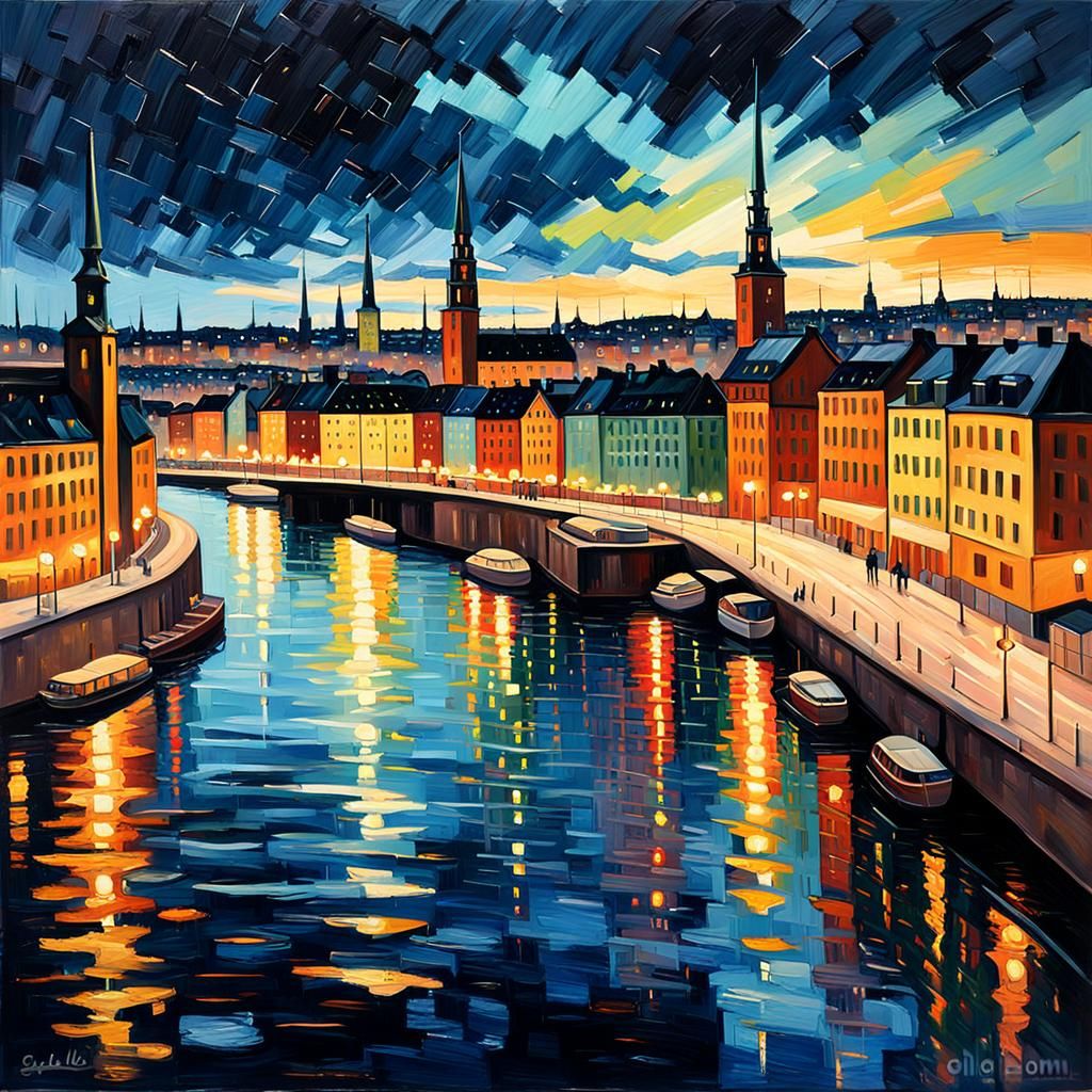 Stockholm Night Cityscape in Expressionist Oil Painting