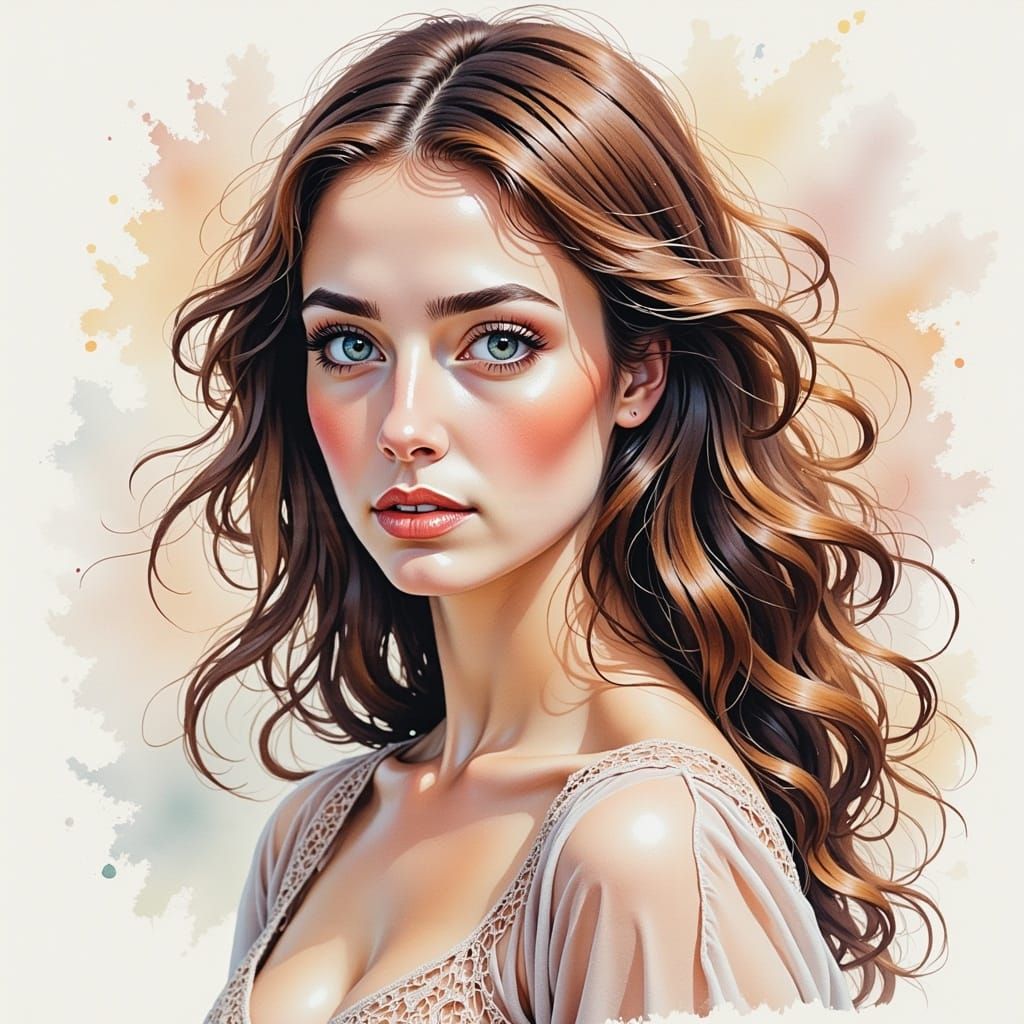 Beautiful Woman in Abstract Watercolor Portrait