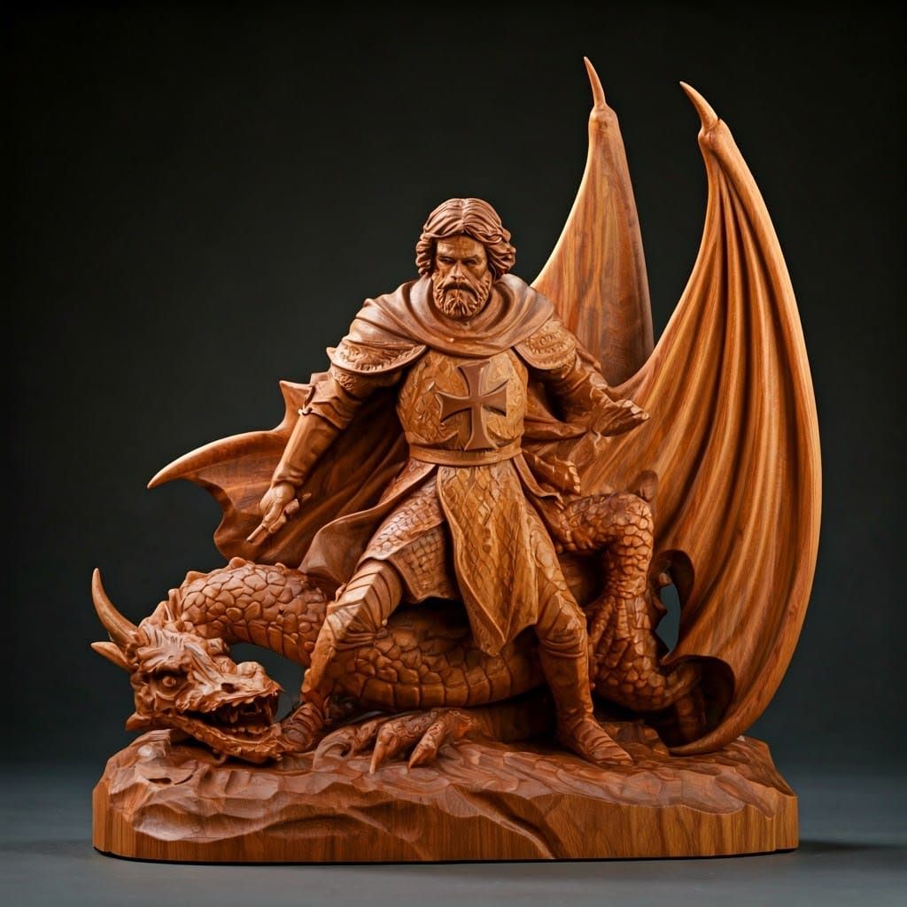 Crusader and Dragon: Hyperrealistic Woodcarving