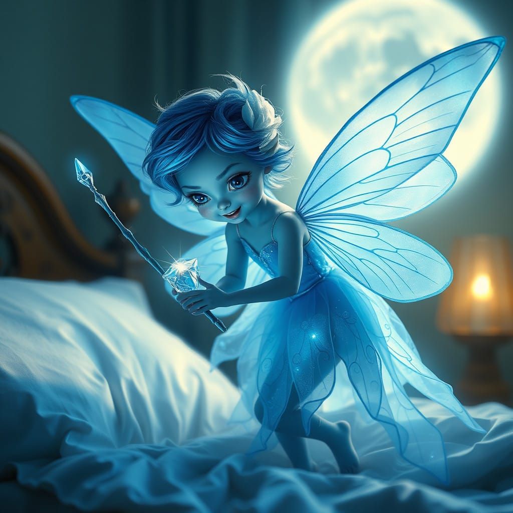 Mystical Blue Fairy Descends Upon Slumbering Child