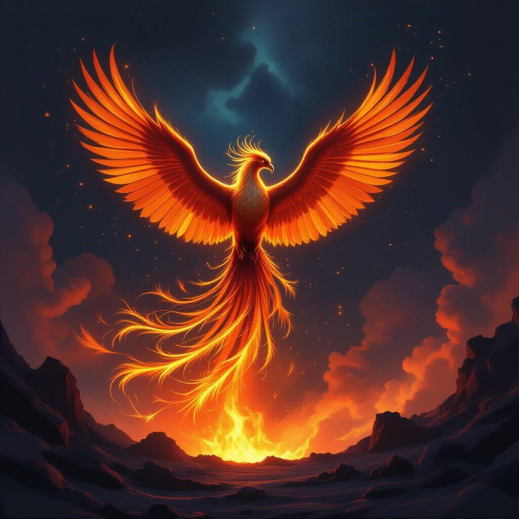 Majestic Phoenix Rises from Volcano in Cosmic Nebula