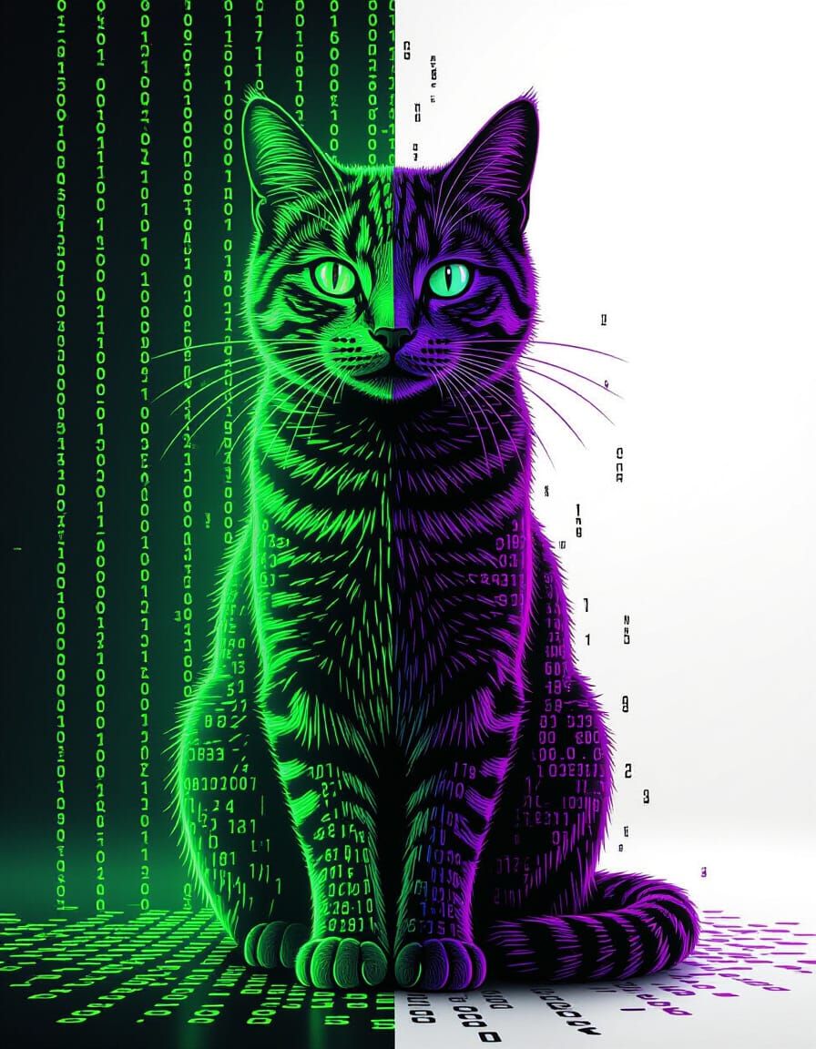 Cyberpunk Cat Made of Glowing Green Code