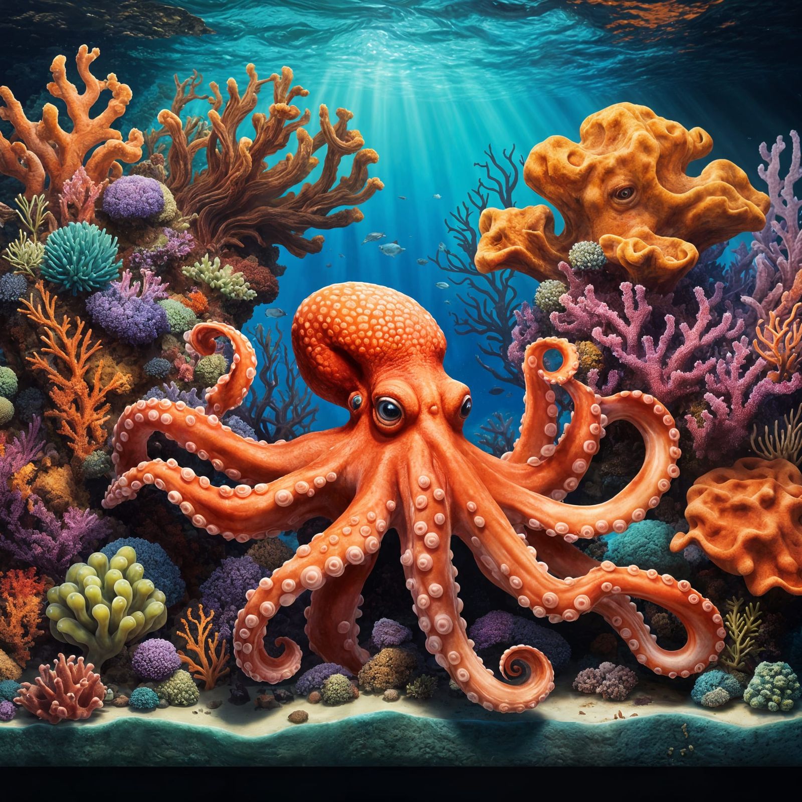 Winking Octopus in Vibrant Coral Reef Splash Art