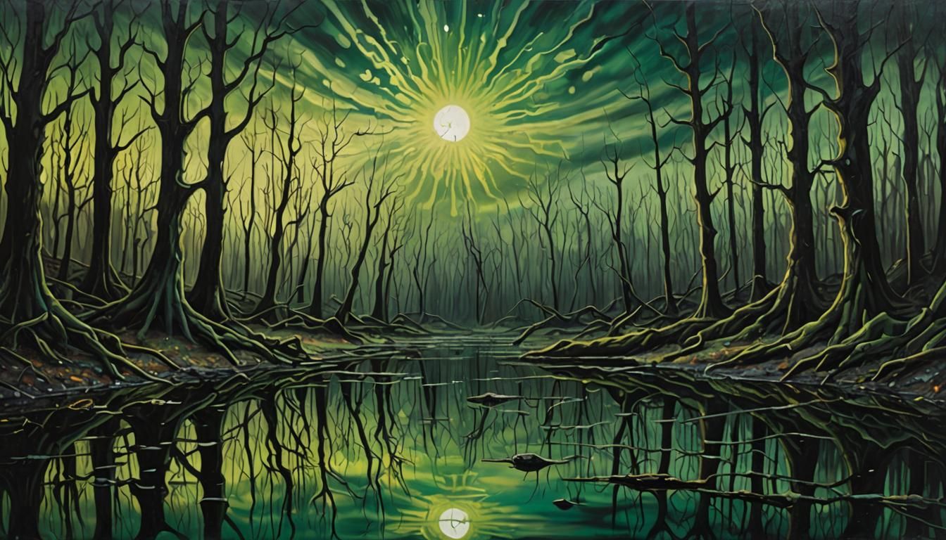 Eerie Forest Reflected: Surrealist Oil Painting