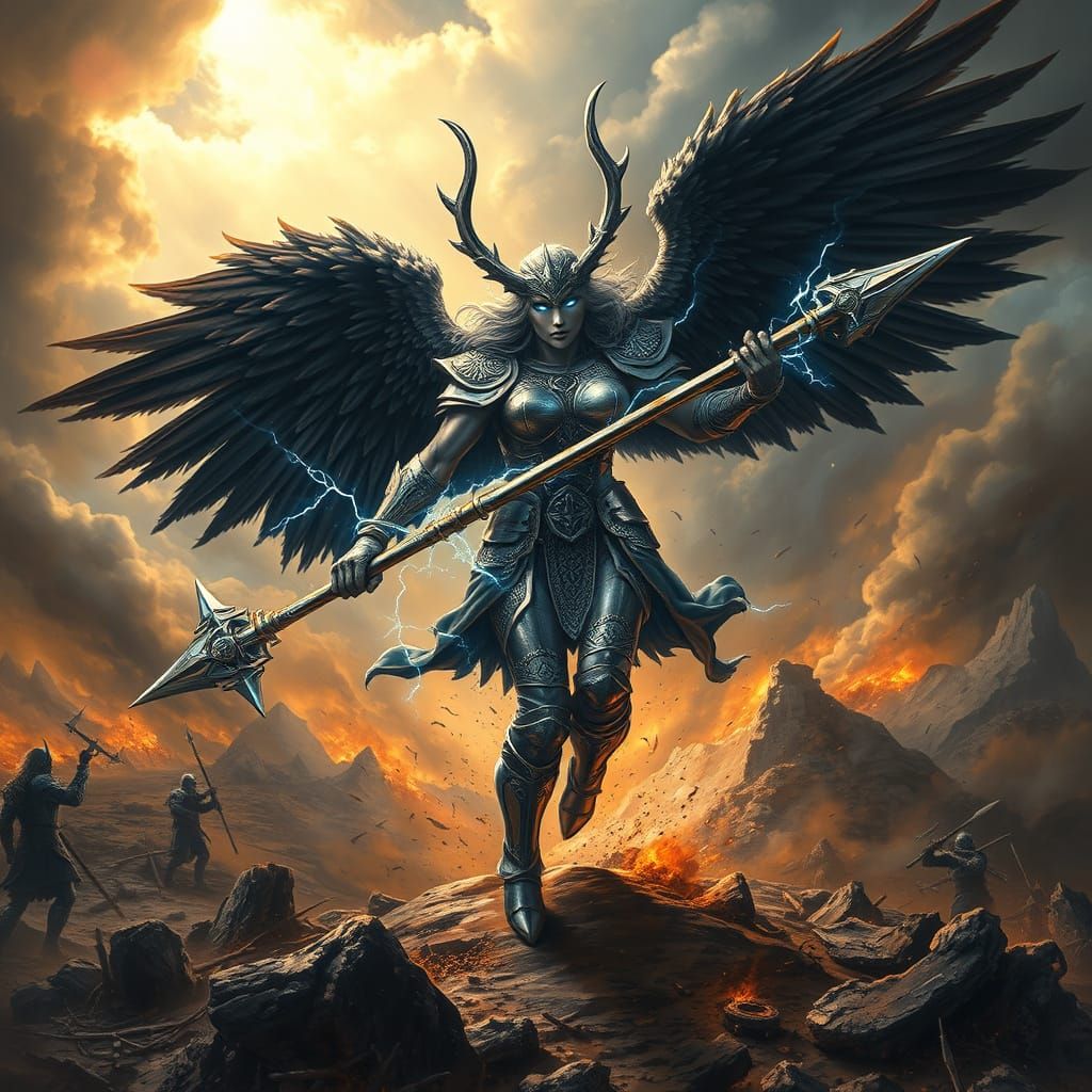Valkyrie Descending on Battlefield in Fantasy Art Style