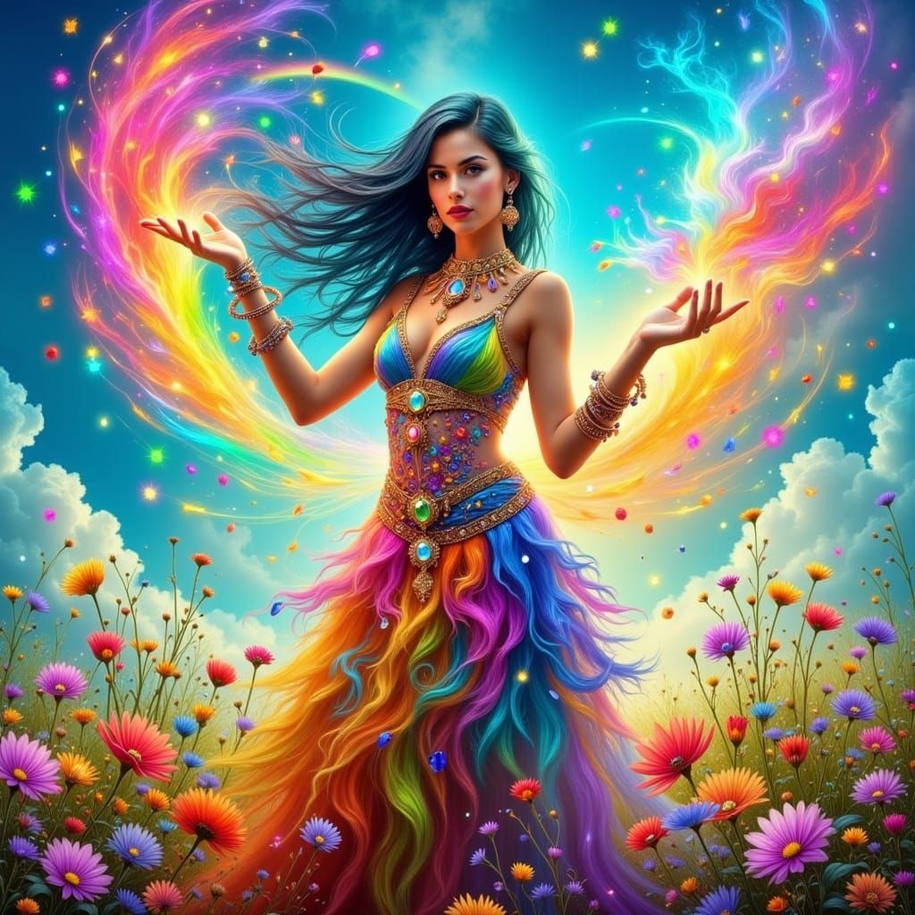 Mystical Enchantress in a Rainbow-Hued Meadow