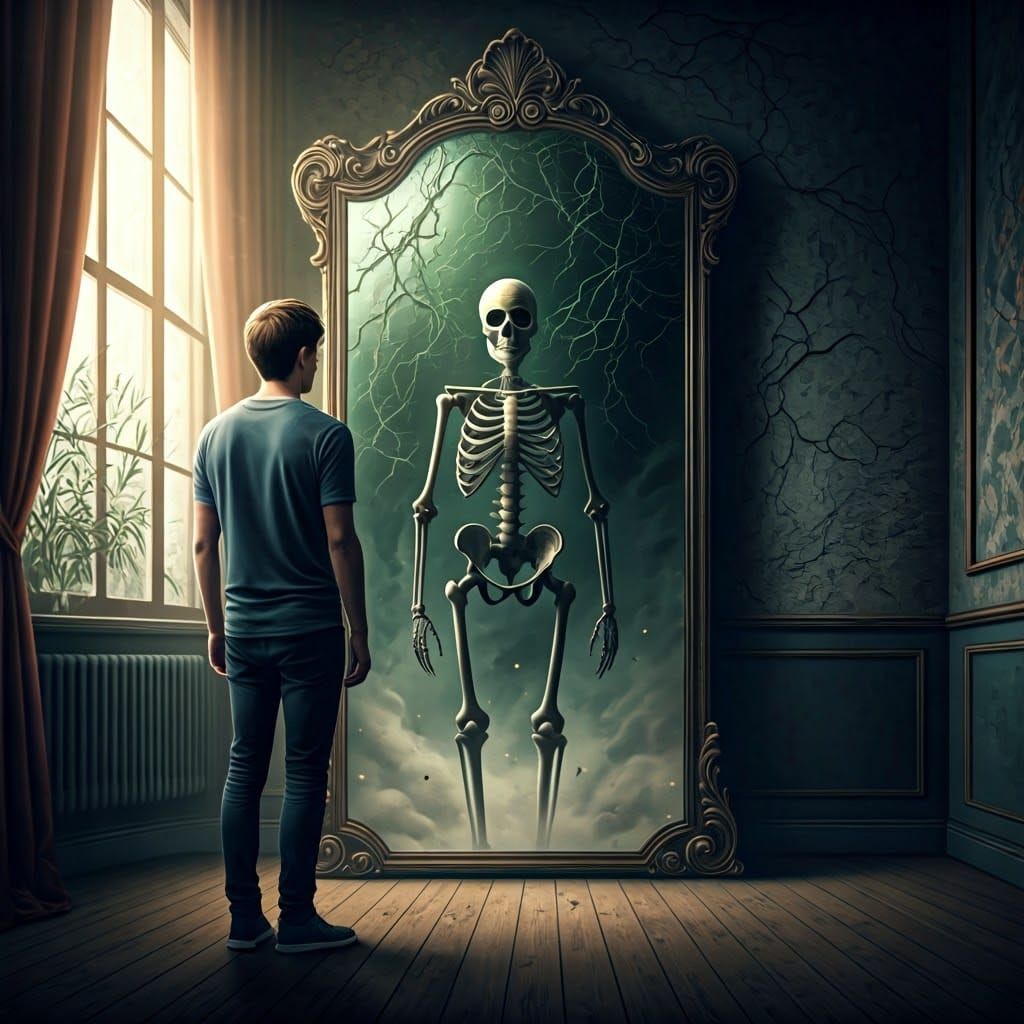Duality of Life and Death in a Haunting Mirror Scene