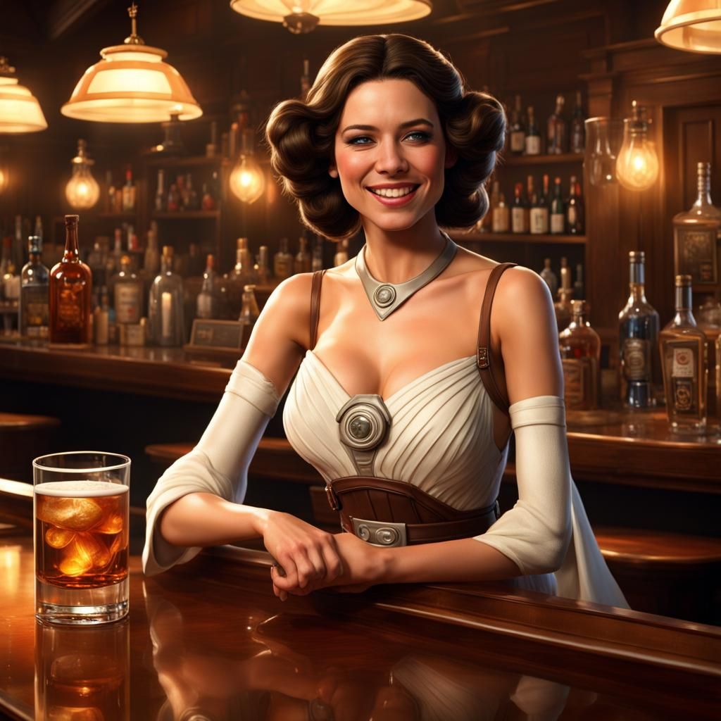 Princess Leia Celebrates Victory: Photorealistic Bar Scene
