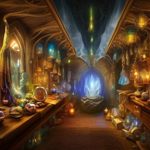 Mystical Wizard Store with Glowing Crystals