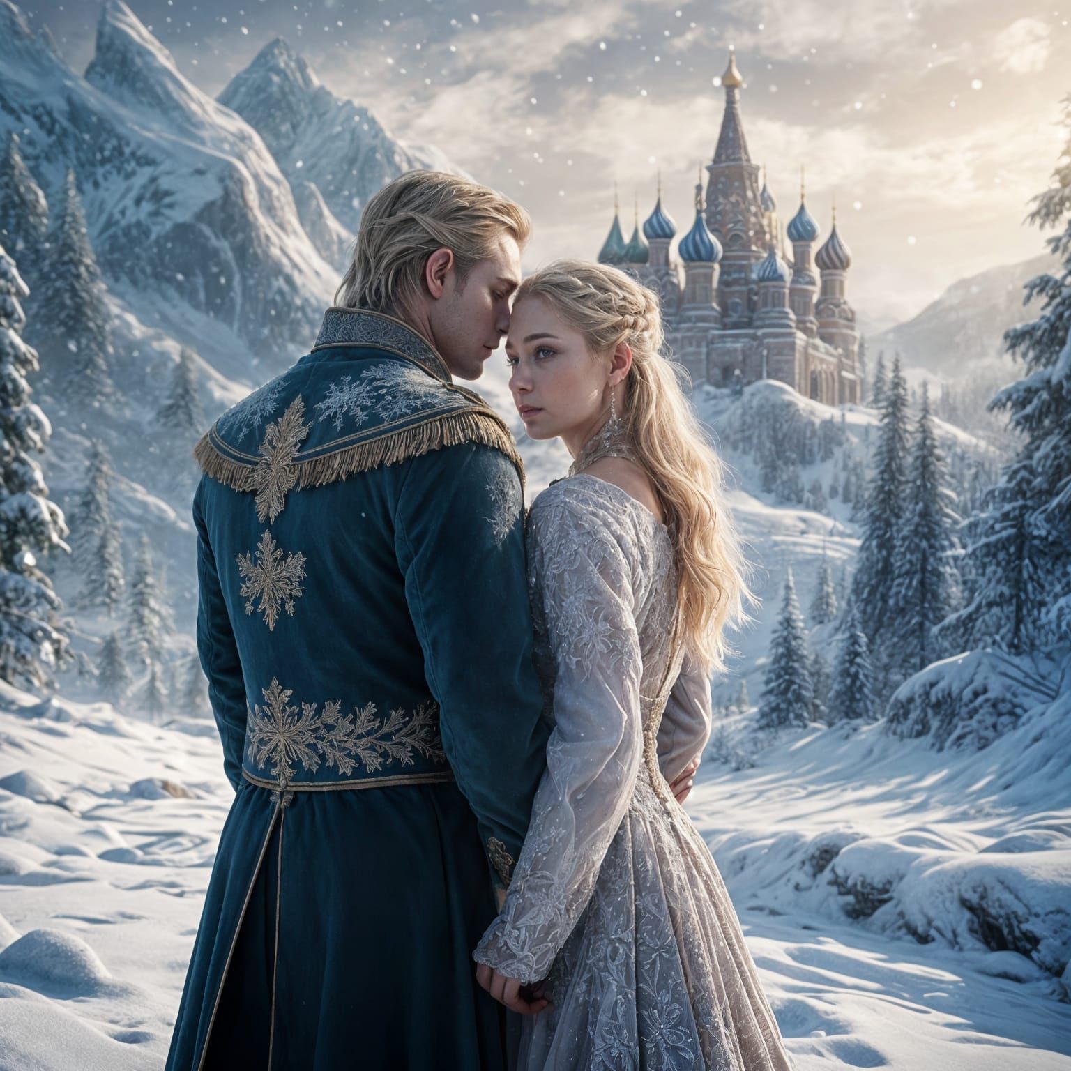 Ethereal Russian Princess and Fiance in Snowy Epic Landscape