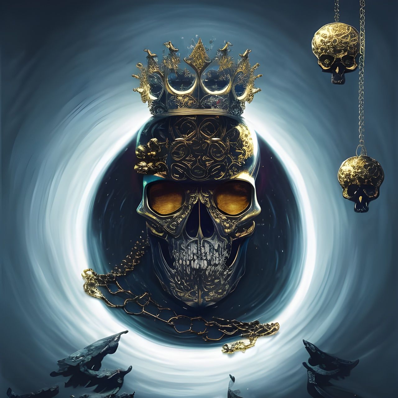King Skull in Golden Chains, Chrome Rococo Art