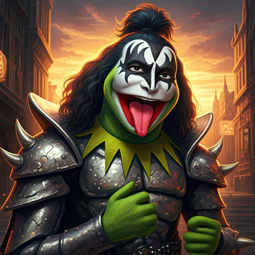 Kermit as Gene Simmons in Detailed Cityscape
