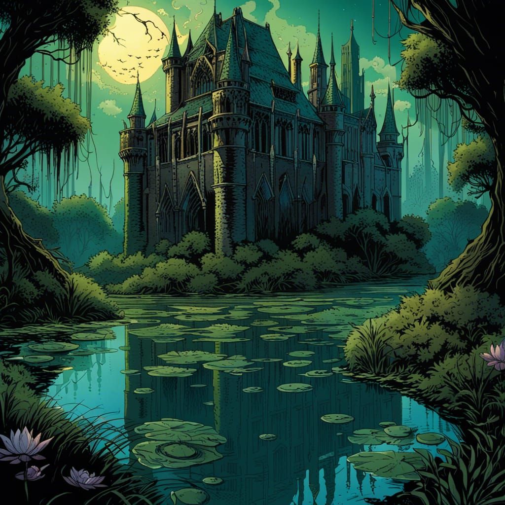 Eerie Gothic Castle Ruins in Overgrown Swamp