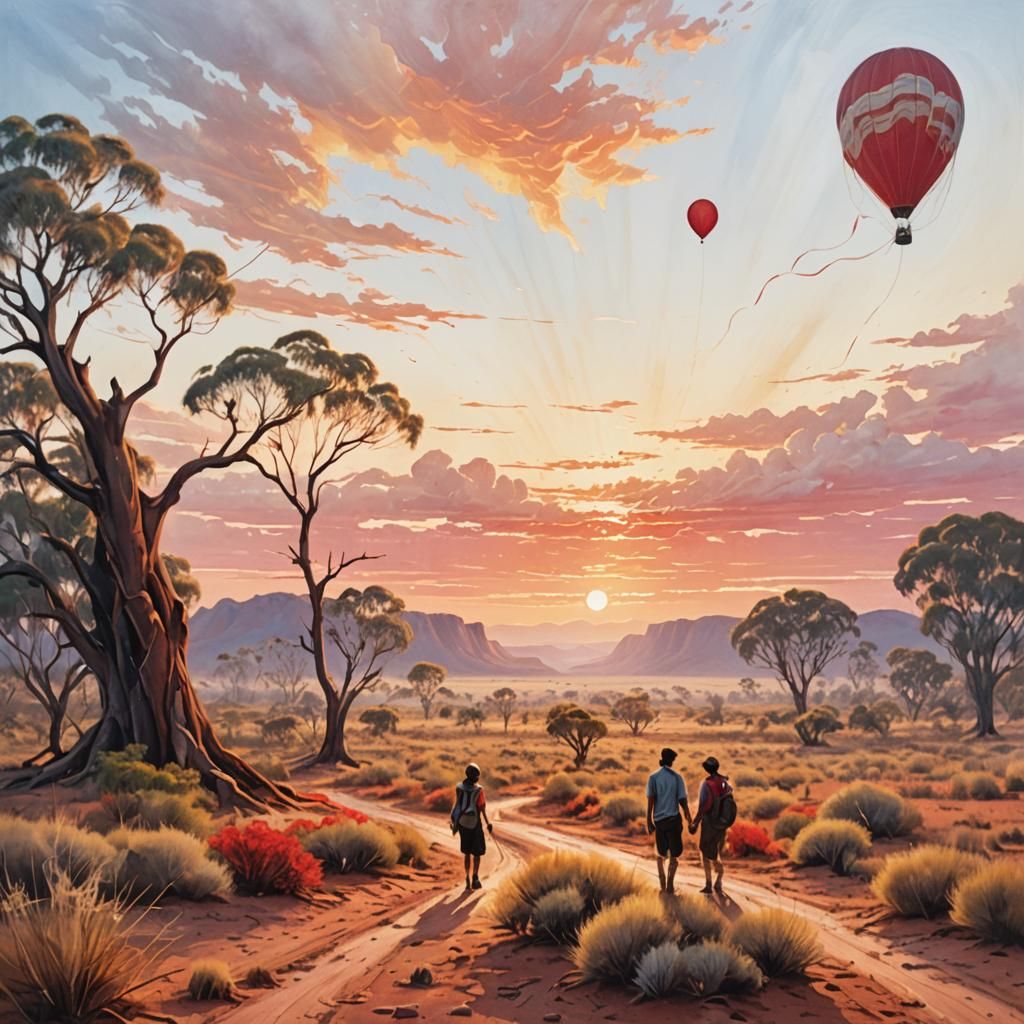 Romantic Outback Scene with Weather Balloon, Impressionistic...