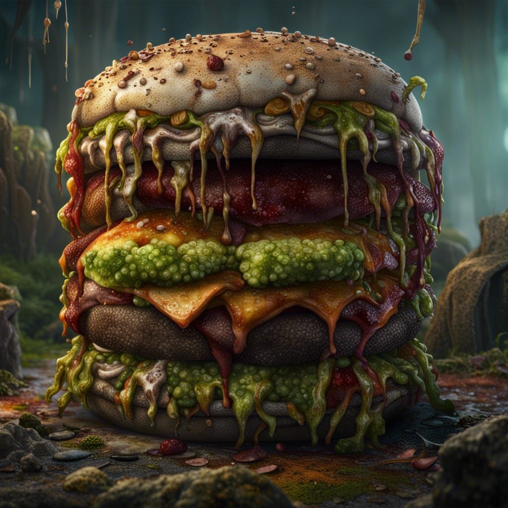 Disgusting Rotting Moldy Big Mac in Detailed Painting