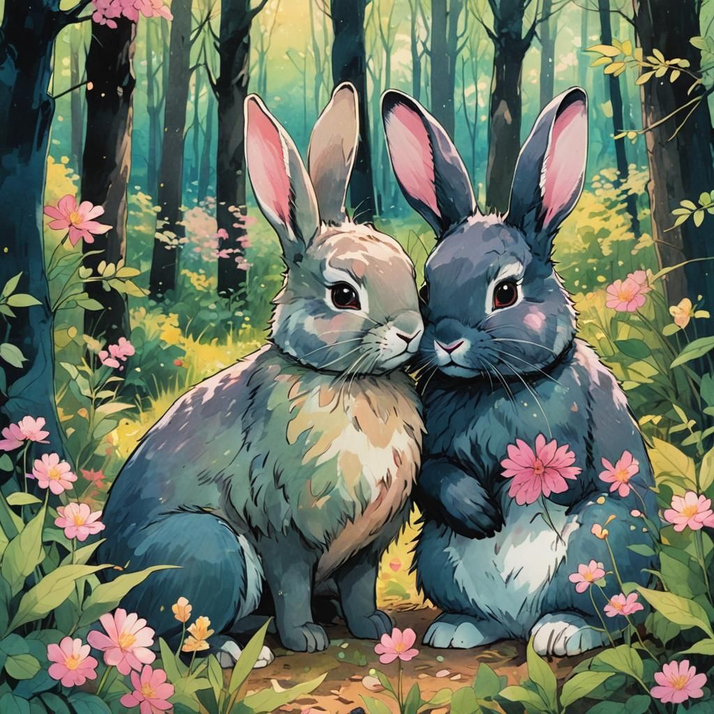 Cute Bunnies Snuggling in Forest: Manga Style