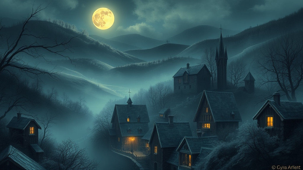 Moonlit Village with Soft Lanterns in Dreamlike Style