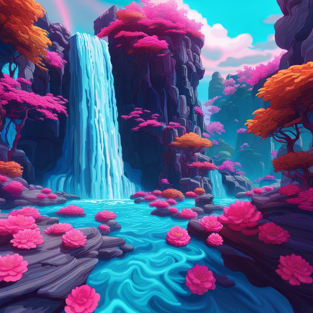 Vaporwave Waterfall with Flowing Flowers