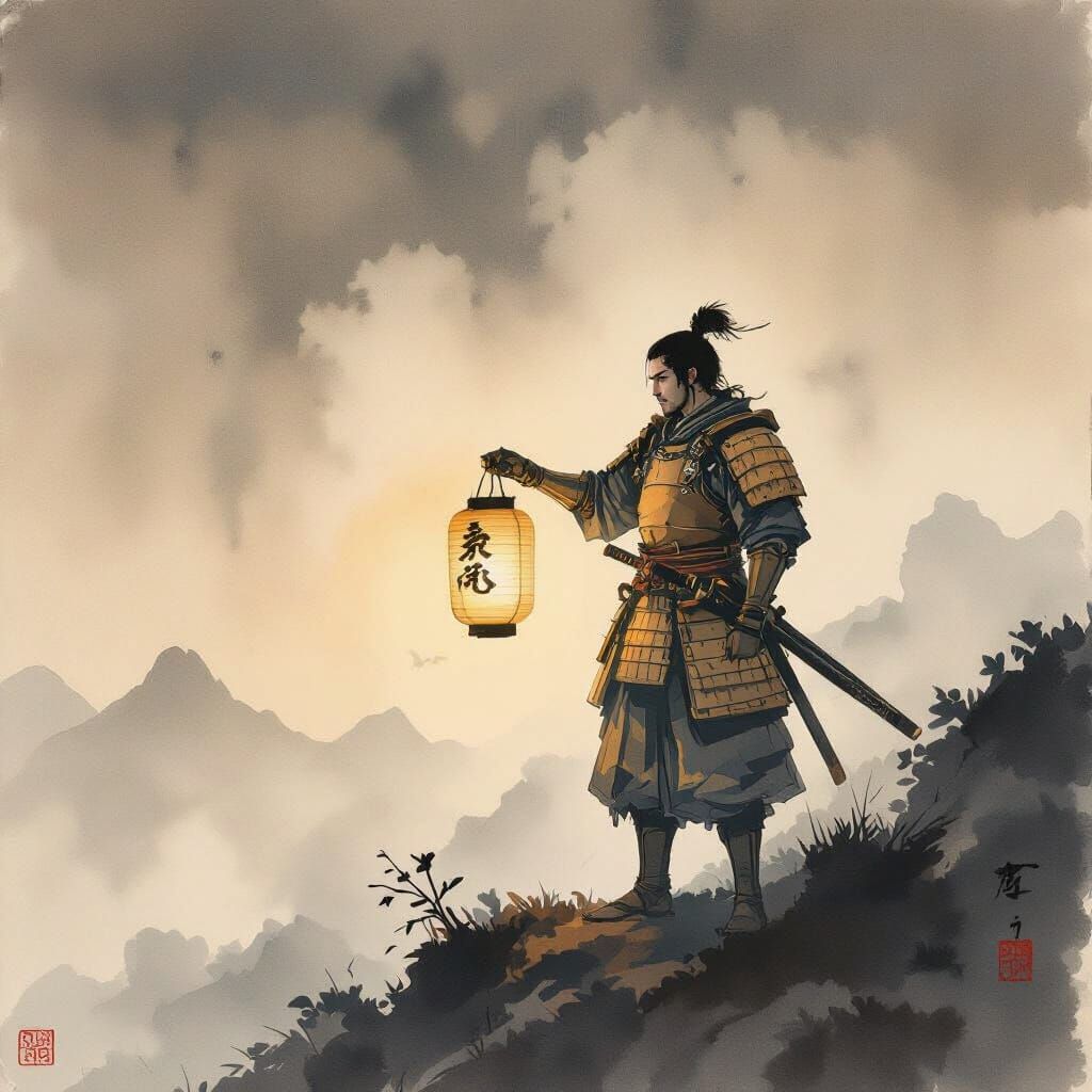 Samurai Warrior on Misty Peak in Ink Wash