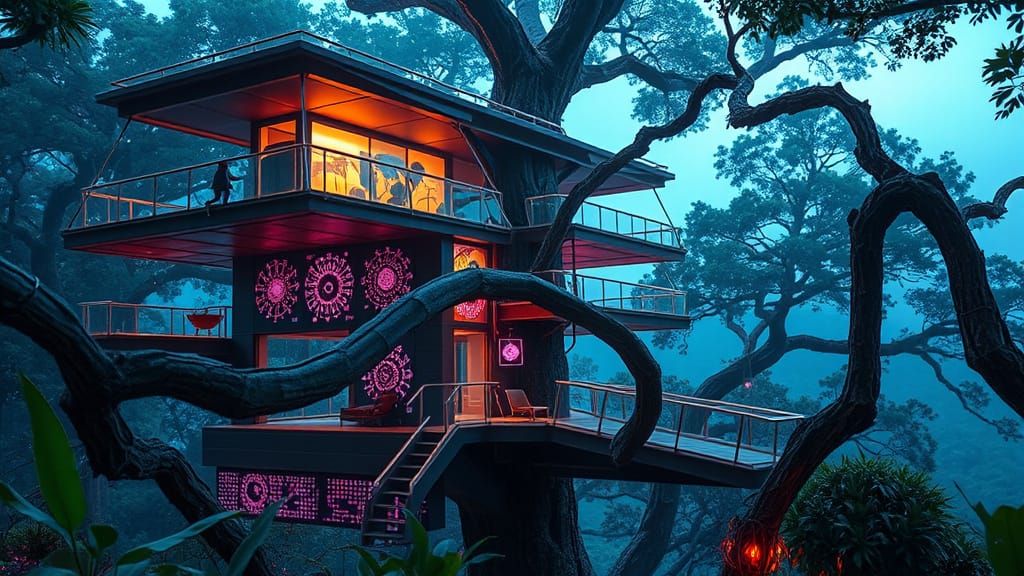 Cyberpunk Treehouse with Neon Lights and Geometric Panels