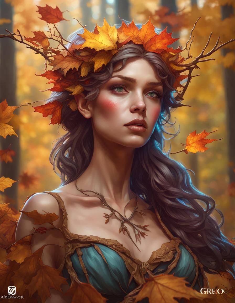 Ethereal Autumn Fairy Portrait in Art Nouveau Style