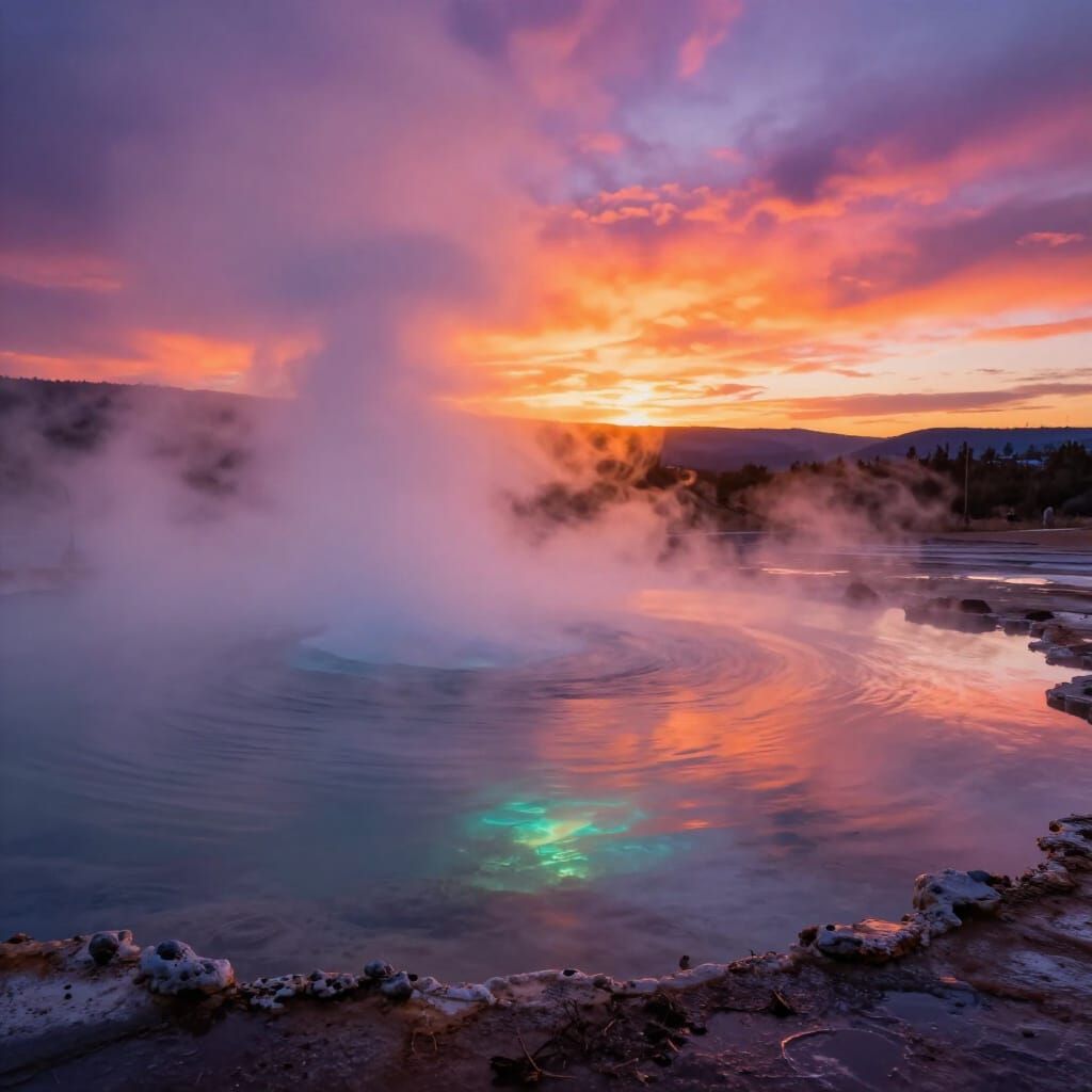 Ethereal Geothermal Hot Spring at Surreal Sunset