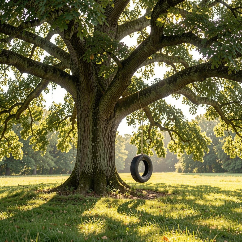 Majestic Oak Tree with Tire Swing in Dappled Sunlight
